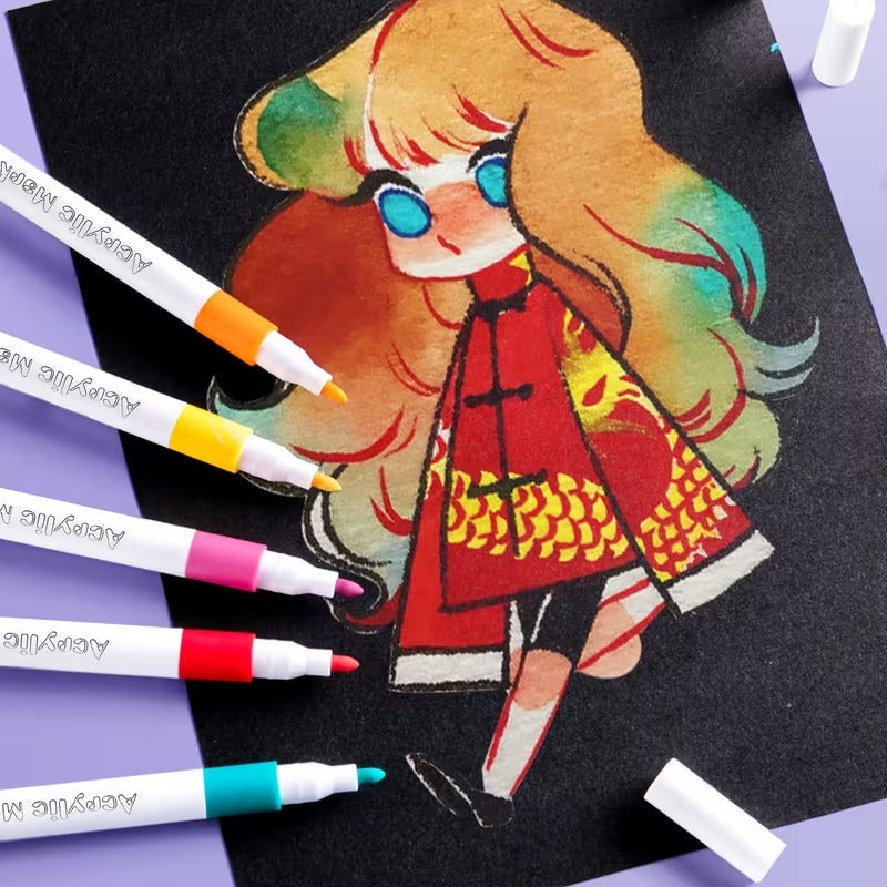 12pcs Quick-Drying Acrylic Paint Markers - Vibrant Waterproof Colors