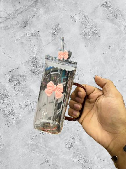 Bamboo Lid Glass Cup & Straw with bow design