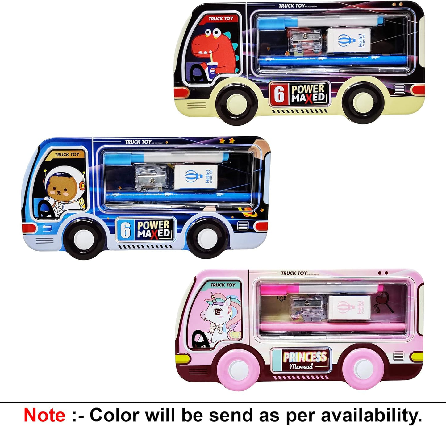 Trendy Cartoon Van Shape Metal Pencil Box with Accessories