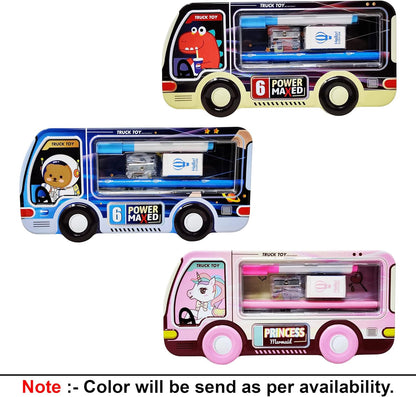Trendy Cartoon Van Shape Metal Pencil Box with Accessories