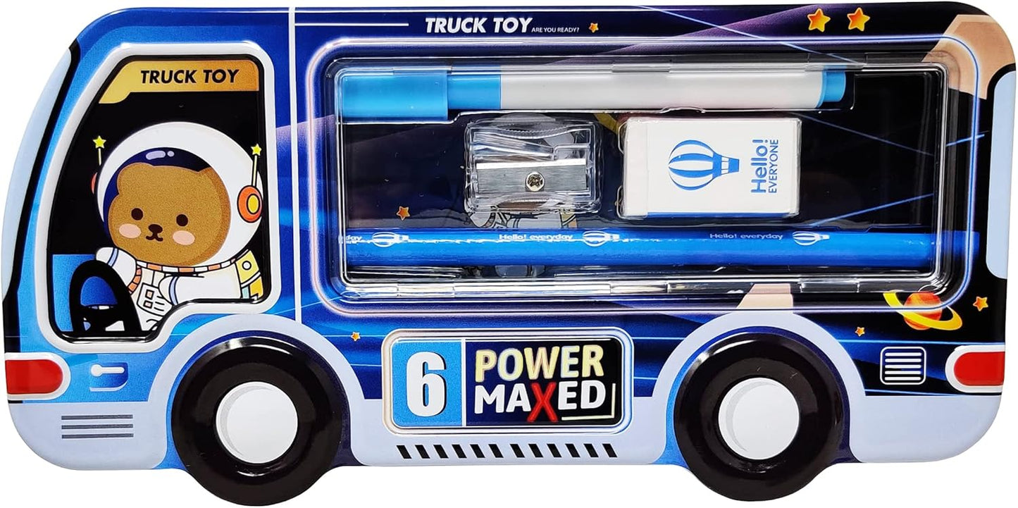 Trendy Cartoon Van Shape Metal Pencil Box with Accessories