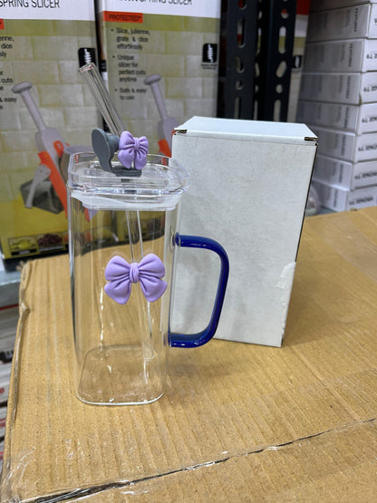 Bamboo Lid Glass Cup & Straw with bow design
