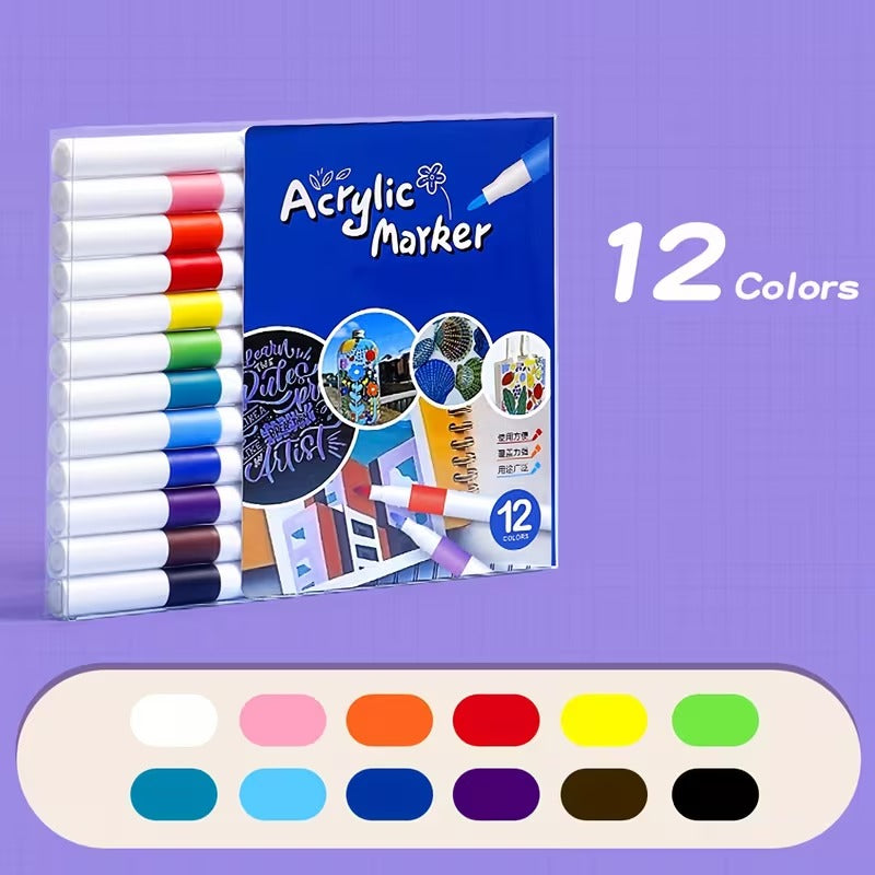 12pcs Quick-Drying Acrylic Paint Markers - Vibrant Waterproof Colors