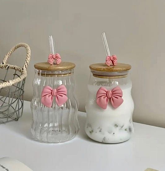 Curvy Glass Tumbler Set with Pink Bow Charms – Aesthetic Iced Coffee & Hot Chocolate