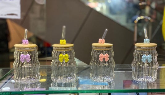 Curvy Glass Tumbler Set with Pink Bow Charms – Aesthetic Iced Coffee & Hot Chocolate