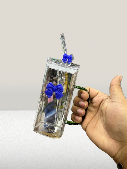 Bamboo Lid Glass Cup & Straw with bow design