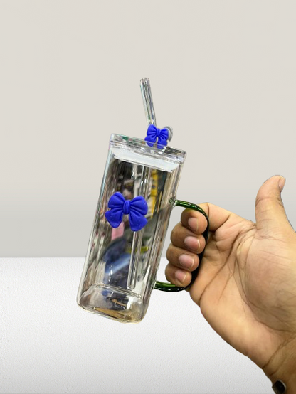 Bamboo Lid Glass Cup & Straw with bow design