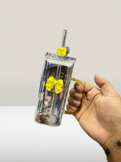 Bamboo Lid Glass Cup & Straw with bow design